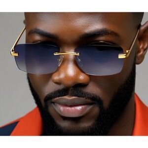 Rimless‎ Sunglasses Gold Frame Black Lens Rectangle Fashion Sun Glasses Hip Hop